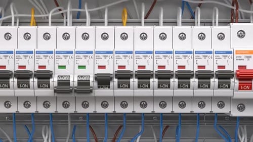 Row of electrical circuit breakers in fuse box. Electricity power turning off. 3d video