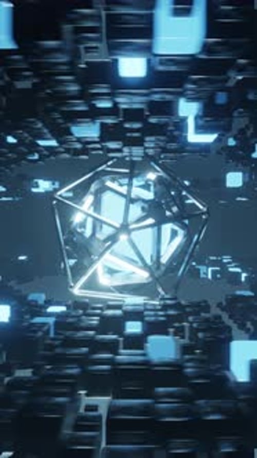 Vertikales elektrisch blau leuchtendes Sci-Fi-Objekt im dunklen Raum schafft eine mysteriöse Atmosphäre