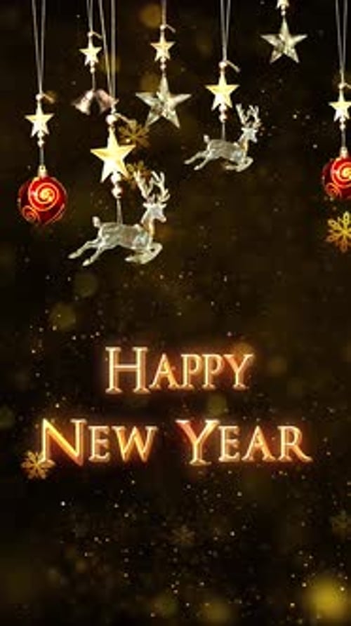 Golden New Year Celebration Text with Festive Ornaments Animation
