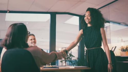 Smiling Woman Shakes Hand in Modern Office