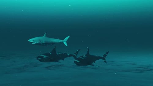 Three Great white sharks swimming in the deep blue ocean water, underwater scene of white sharks.