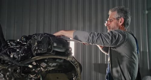 Two Mechanic Caucasian Man in Large Garage Inspecting Parts Under Raised Car