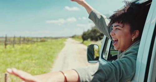 Happy woman, freedom and van on road trip with travel, excited and driving journey in countryside