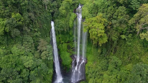 Drone View of Sekumpul Waterfall Surrounded By Tropical Jungle in Bali Indonesia