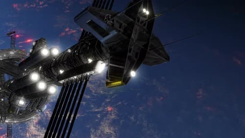 Futuristic Space Station Orbiting Planet with Glowing City Lights
