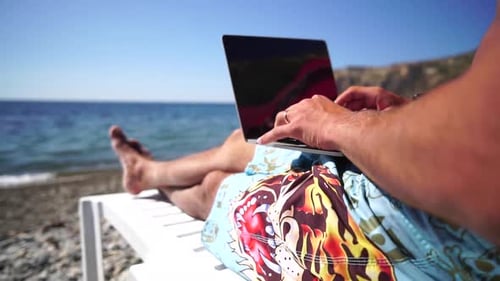 Man Laptop Sea Working Remotely on Seashore Happy Successful Man Male Freelancer Working on Laptop