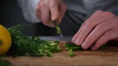 Chef Dicing Green Pepper Close-Up