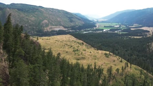 Beautiful aerial view of pine trees on hills with mountains and cloudy sky as background. Drone foot