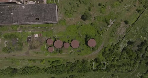 Topdown View Of Decaying And Abandoned Industrial Structures In Khashuri, Georgia. Aerial Drone Shot