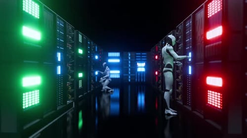 Futuristic AI Robots Working in a Server Room