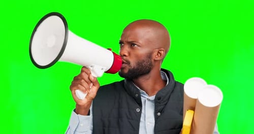 Megaphone, construction and an engineer black man on a green screen background in studio