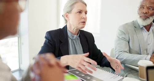 Leadership, ceo and woman with business people in meeting discussing strategy in office boardroom
