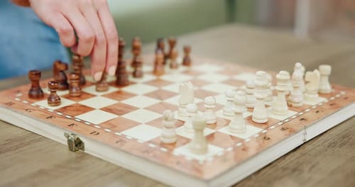 Chess, hands and knight in a home with pawn, board game and strategy development plant