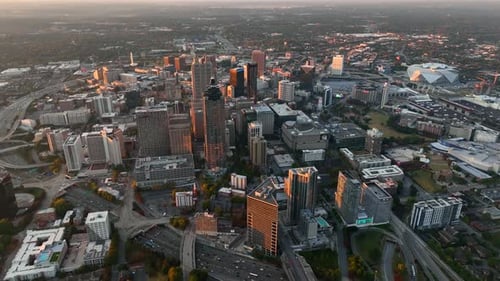 Helicopter airplane window view of downtown Atlanta Georgia. High aerial shot of urban American city