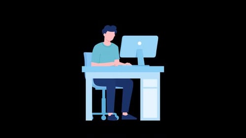 Animated Flat Design Man Working at Computer Desk