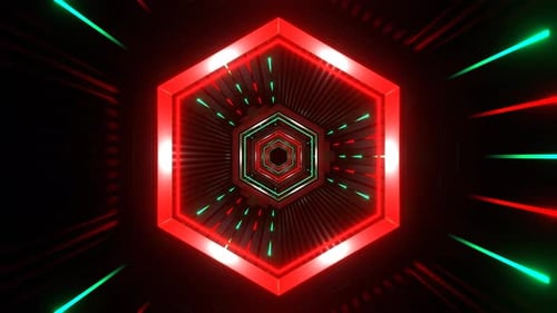 Futuristischer Tunnelhintergrund mit Neonsechseck in Rot und Türkis VJ Loop In 4K
