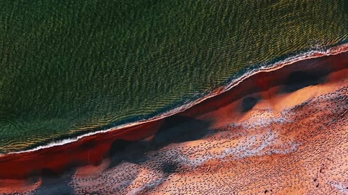 Flight over the waterscape meeting sandy shore. A walk by the beach of the sea or ocean.