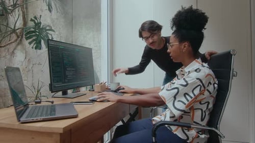 Woman Discussing Program Code with Male Colleague