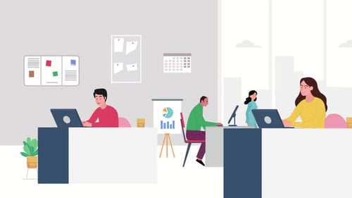Ein Animationsvideo von Geschäftsleuten in einer bürofreundlichen Umgebung