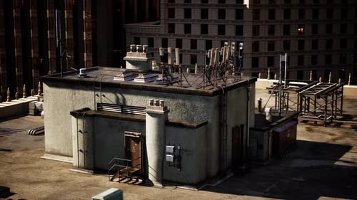 A Building with a Complex Network of Wires on Its Roof