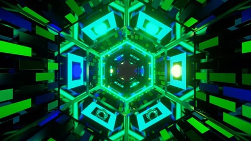 Green Neon Lights Futuristic Tunnel Digital Art Hexagon Pattern Bright Glowing 3D