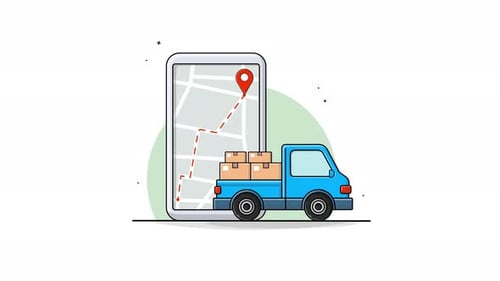 4K Blue Truck mit Boxen und Lieferung per Telefon. Animationsvideo zum Konzept der schnellen Lieferung