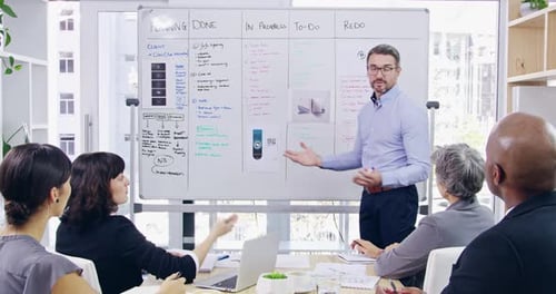 Professional modern executive talking in boardroom presentation meeting with a group of business