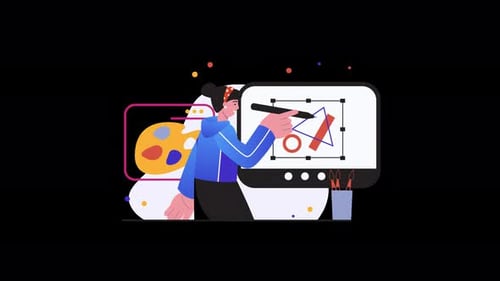 Person working on digital design with colorful palette and brushes