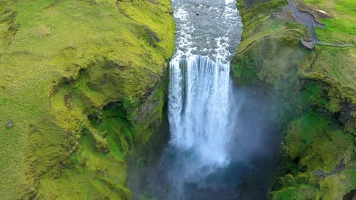 Aerial View of the Skogafoss Waterfall, Iceland, Flying Above with a Drone