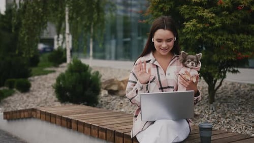 Caucasian Woman is Sitting on the Bench in the New Modern Park with Her Small Chihuahua Making Video