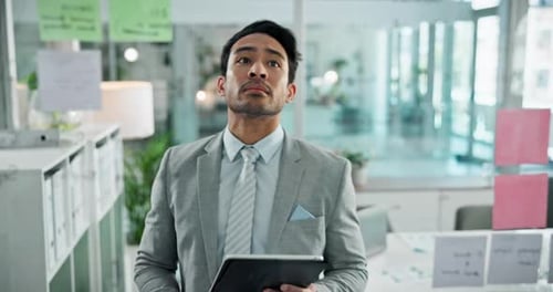 Tablet, planning and thinking with business man in office for problem solving or strategy on window