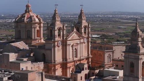 Aerial Panorama of Mdina Malta with Baroque Cathedral and Walls