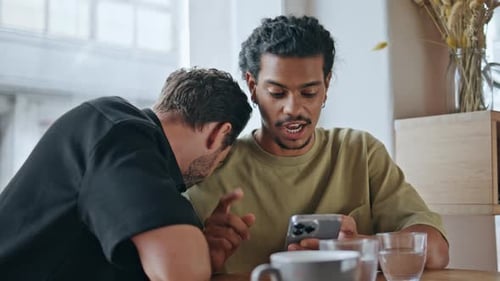 Lgbt Couple Using Mobile Phone Sitting Coffee House Close Up Gay Men in Cafe