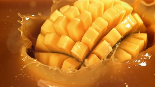 Half a Mango Falls Into the Juice with Splashes Filmed on a Highspeed Camera at 1000 Fps