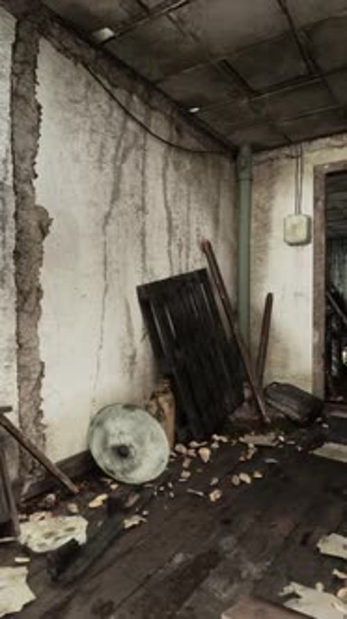 Gritty Abandoned Room Interior Vertical Pan with Decaying Walls