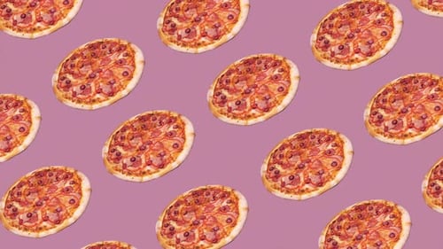 Animated Seamless Pattern of Delicious Pizzas Moving Diagonally