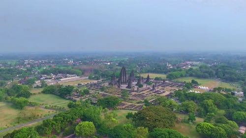 Panoramic aerial view of Prambanan temple in Indonesia
