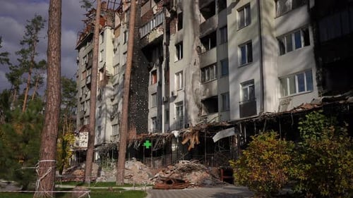 Roofless Bombed Ruined House Without Windows Outdoors on Autumn Day in Kiev Ukraine