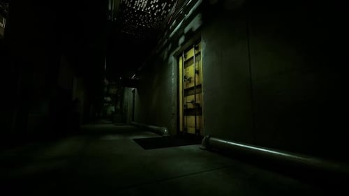 Dark Industrial Corridor with Mysterious Yellow Door