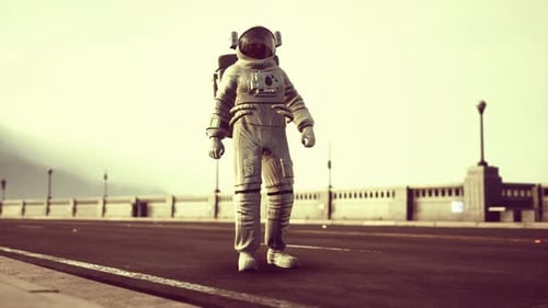 Astronaut in Space Suit on the Road Bridge
