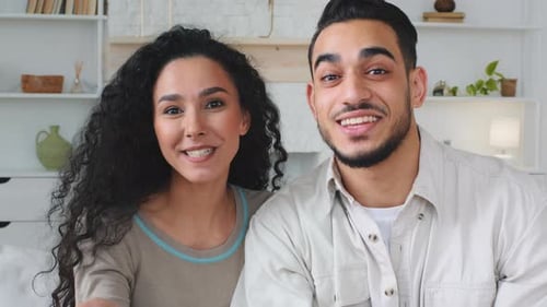 Close Up Web Cam View Portrait Male and Female Woman and Man Happy Talking at Camera Online