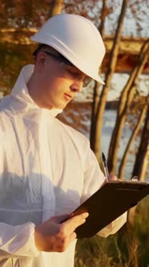 Young Man Scientist Writing on Clipboard in Forest