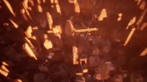 Flying plane over skyscrapers