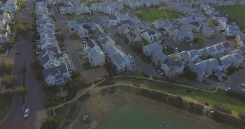 Aerial View of a Suburban Neighborhood at Sunrise