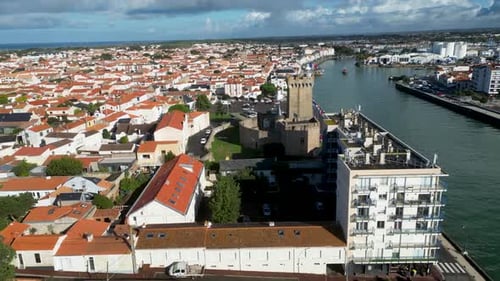 Aerial view of Chateau d'Olonne and harbor, France.