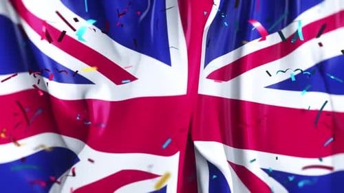 Waving Union Jack Flag with Falling Confetti Celebration Background