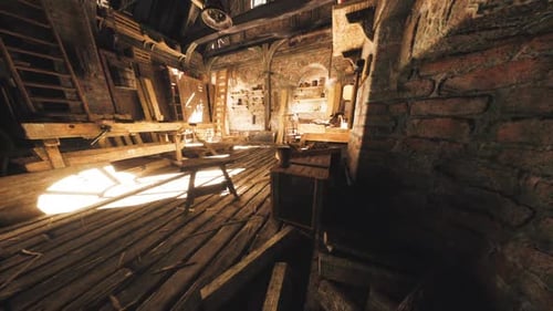 Rustic Workshop Filled with Sunlight and Wooden Furnishings in an Old Building