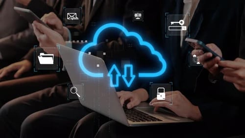 Modern Business Professionals Engaged in Cloud Computing Technology Concept with Digital Icons Repre