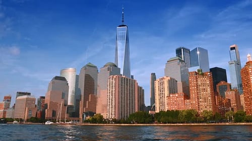 Gorgeous modern buildings reflecting sunshine. Low angle view at the Skyline of New York