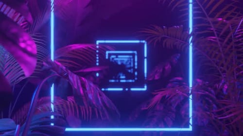 Flight Through Dark Jungle with Tropic Plants with Purple and Blue Neon Lights Loop Animation